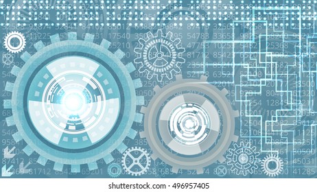 Abstract futuristic technology background with gears in blue and white shades. Digital technology and engineering concept design