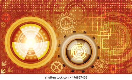 Abstract futuristic technology background with gears in red, orange, yellow, brown and beige shades. Digital technology and engineering concept design