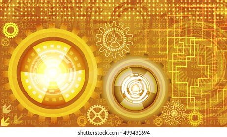 Abstract futuristic technology background with gears in orange and yellow shades. Digital technology and engineering concept design