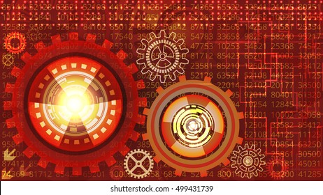 Abstract futuristic technology background with gears red, orange and yellow shades. Digital technology and engineering concept design