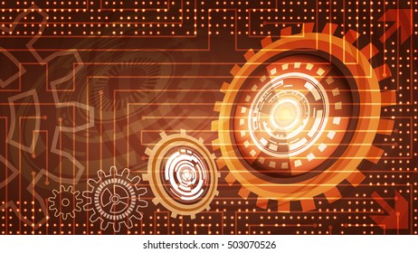 Abstract futuristic technology background with gears of orange and brown shades. Digital technology and engineering concept design