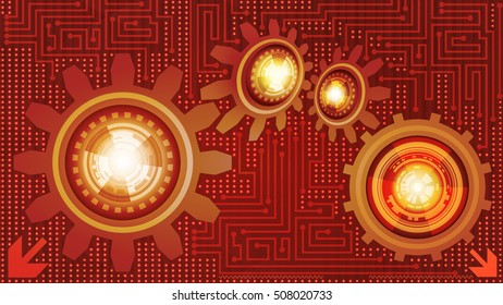 Abstract futuristic technology background with gears of red, orange, white and yellow shades. Digital technology and engineering concept design