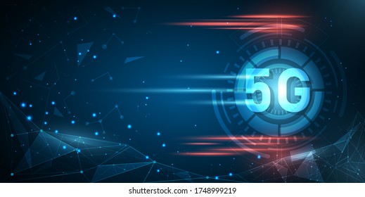 Resumen del fondo futurista de la tecnología con 5 g brillante, círculo de estilo de alta tecnología, baja textura de poli y efecto espumoso.