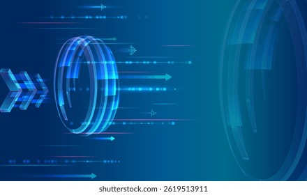 Abstract futuristic technology background with glowing blue rings, arrows, and digital elements on a gradient backdrop. Concept of innovation, speed, data transfer, and virtual communication.
