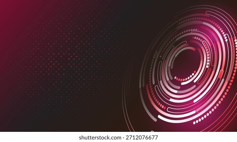 Fundo de tecnologia futurista abstrato com linhas circulares brilhantes e pontos digitais em gradiente vermelho e rosa, design moderno de alta tecnologia para dados, interface e temas de inovação.