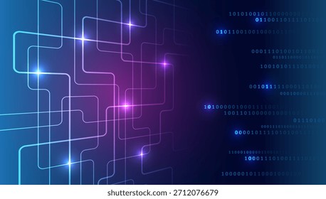 Abstractas fondo de tecnología futurista con líneas interconectadas brillantes y código binario en un gradiente azul oscuro, que simboliza las redes digitales, el flujo de datos y la comunicación de alta tecnología.