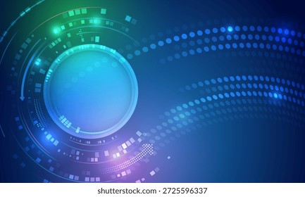 Abstractas fondo de tecnología futurista con una interfaz circular brillante, ondas digitales y flujos de datos punteados, que representan la innovación, la conectividad y los sistemas de información avanzados.