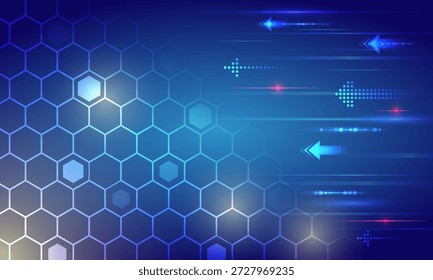 Abstractas fondo de tecnología futurista con una brillante cuadrícula hexagonal y flechas dinámicas, que representan el flujo de datos, las redes digitales, la innovación y el intercambio de información de alta velocidad.