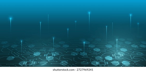 Abstract futuristic technology background with glowing circuit board, hexagonal patterns and digital light beams. Concept of data flow, AI, network, innovation and high-tech systems.
