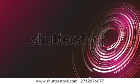 Abstract futuristic technology background with glowing circular lines and digital dots in red and pink gradient, modern hi-tech design for data, interface and innovation themes.