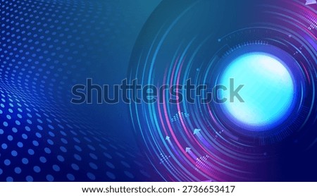 Abstract futuristic technology background with a glowing circular core, dynamic arrows, and dotted patterns in blue and neon tones, symbolizing data flow, innovation, and digital progress.