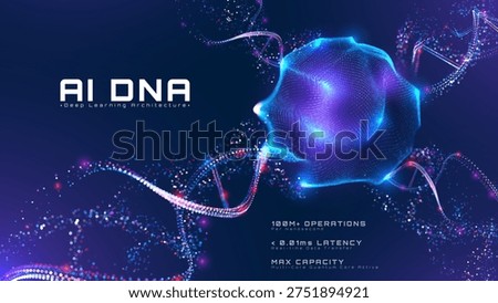Abstract futuristic technology background with glowing blue AI brain and DNA helix. Artificial intelligence deep learning design concept with digital data structure and glowing particles. Vector illustration.