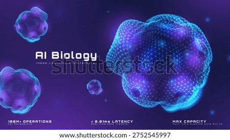 Abstract futuristic technology background with glowing blue AI biology cell. Artificial intelligence deep learning design concept and digital mesh molecule structure. Vector illustration.