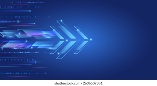 Abstract futuristic technology background with hexagonal shapes, glowing circuit lines and digital elements on blue gradient. Ideal for high-tech presentation, science fiction projects.