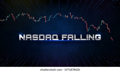 abstract futuristic technology background of nasdaq us100 falling and candle stick bar chart graph