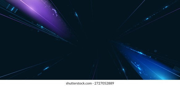Tecnologia futurista abstrata fundo com linhas de néon e azul e roxo no fundo azul escuro