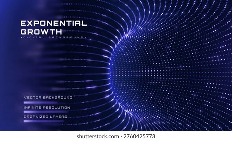 Abstract futuristic technology background showing digital data exponential growth. Modern business finance expansion concept featuring glowing neon particle tunnel. Vector illustration.