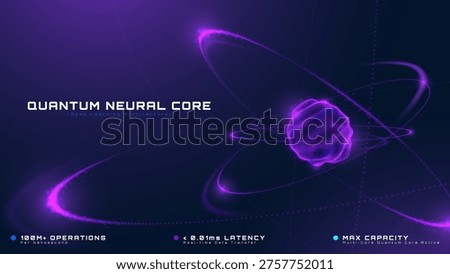 Abstract futuristic technology background showing glowing purple quantum neural core. Deep learning AI network concept with digital data orbit ring. Vector illustration.