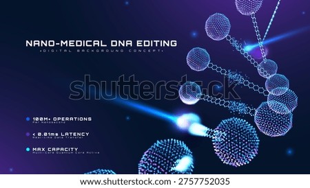 Abstract futuristic technology background showing nano medical DNA editing. Deep learning AI concept for genetic research and advanced biology science. Vector illustration.