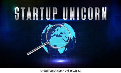 abstract futuristic technology background of startup unicorn with magnifying glass and world map