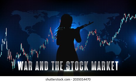 abstract futuristic technology background of Stock market graph and woman with ak 47 gun, The Relationship Between War and The Stock Market 