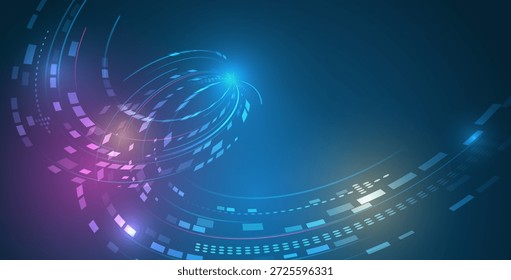 Abstractas fondo de tecnología futurista con arcos digitales arremolinados, partículas brillantes y flujos de datos, que simbolizan la innovación, el flujo de información y la transformación digital de alta velocidad.
