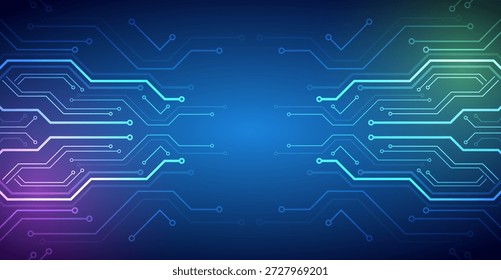 Abstract futuristic technology background with symmetrical glowing circuit lines on a blue gradient. Concept of digital communication, data transfer, AI systems and high-tech innovation.