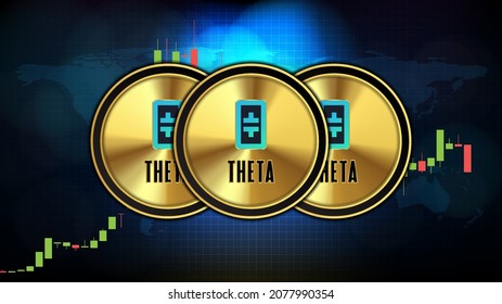 abstract futuristic technology background of THETA (THETA) Classic (ETC) coin digital cryptocurrency and market graph volume indicator