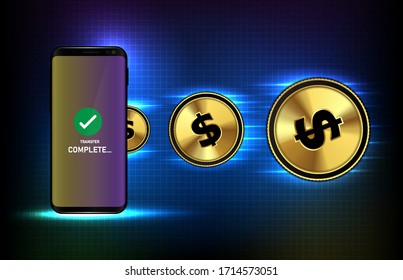 abstract futuristic technology background of transfer us coin with mobile phone, digital transfer money