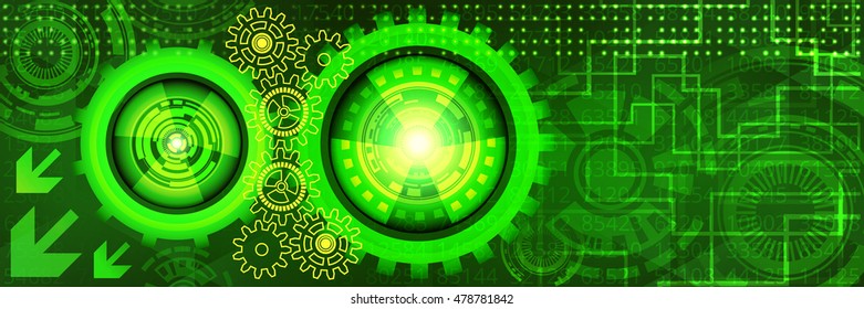 Abstract futuristic technology banner with gears of green and yellow shades. Digital technology and engineering concept design