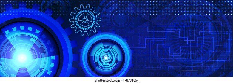 Abstract futuristic technology banner with gears of blue shades. Digital technology and engineering concept design