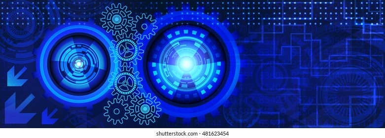 Abstract futuristic technology banner with gears of blue shades. Digital technology and engineering concept design