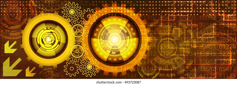 Abstract futuristic technology banner with gears of yellow, orange and red shades. Digital technology and engineering concept design