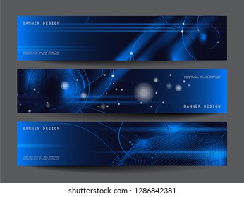 Abstract futuristic technology banner template. Modern blue digital graphic label. Horizontal advertising banner. Dark blue color and neon light vector design.