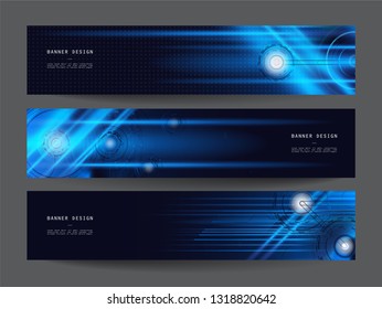Abstract futuristic technology banner template. Modern blue digital graphic label. Horizontal advertising banner. Dark blue color and neon light vector design.
