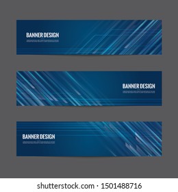 Abstract futuristic technology banner template. Modern blue digital graphic label. Horizontal advertising banner. Dark blue color and neon light vector design.