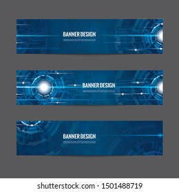 Abstract futuristic technology banner template. Modern blue digital graphic label. Horizontal advertising banner. Dark blue color and neon light vector design.