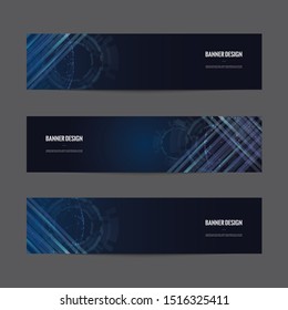 Abstract futuristic technology banner template. Modern blue digital graphic label. Horizontal advertising banner. Dark blue color and neon light vector design.