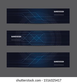 Abstract futuristic technology banner template. Modern blue digital graphic label. Horizontal advertising banner. Dark blue color and neon light vector design.