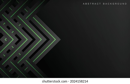 Abstract futuristic technology black background with green neon glowing lines.