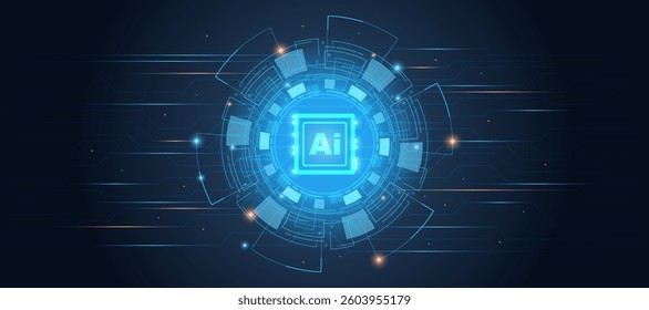 Abstract futuristic technology circuit board and gear in digital technology. High-tech technology and innovation concept on a blue background. Artificial intelligence (AI) technology circuit.