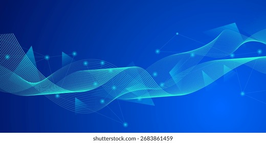Abstractas concepto de tecnología futurista. Fondo azul digital degradado con líneas de onda y líneas de plexo de análisis de big data.
