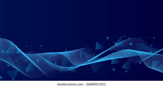 Abstractas concepto de tecnología futurista. Fondo azul digital degradado con líneas de onda y líneas de plexo de análisis de big data.