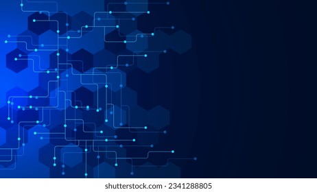 Abstract futuristic technology with connecting dots lines and hexagons. Digital networking, big data visualization and communication concept background. Vector illustration.