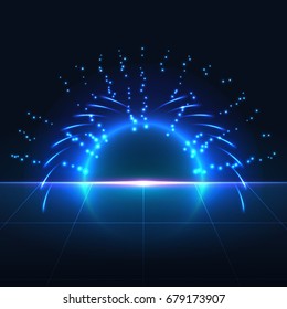 Abstract futuristic technology design. Glowing rays. Retro disco stage. Vector illustration