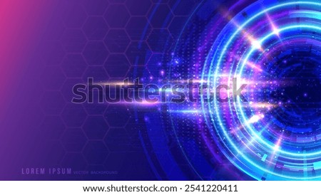 Abstract futuristic technology digital background with concentric glowing circles, light spark effects, and hexagonal patterns. Vector illustration