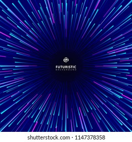 Abstract futuristic technology geometric circular geometric centric motion pattern. Radial dynamic lines ray colorful on dark background. Vector illustration