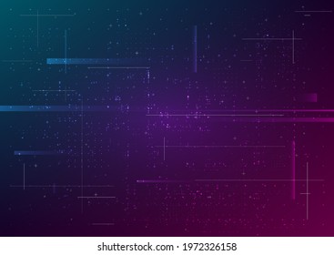 Abstract futuristic technology glitch background. Cyberspace with particles. Glitched sci fi trendy color digital backdrop. Design for web, promo, banner. Vector illustration. 