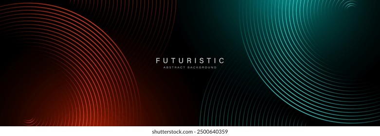 Abstract futuristic technology lines background with red and green light effect. Gradient circle lines pattern. Glowing neon geometric lines. Modern dark banner template design. Vector illustration