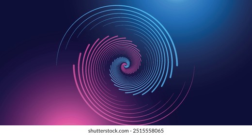 Abstract futuristic technology lines background with light effect. Glowing circle lines. Modern shiny blue and pink gradient geometric lines pattern. Horizontal banner template. Vector illustration